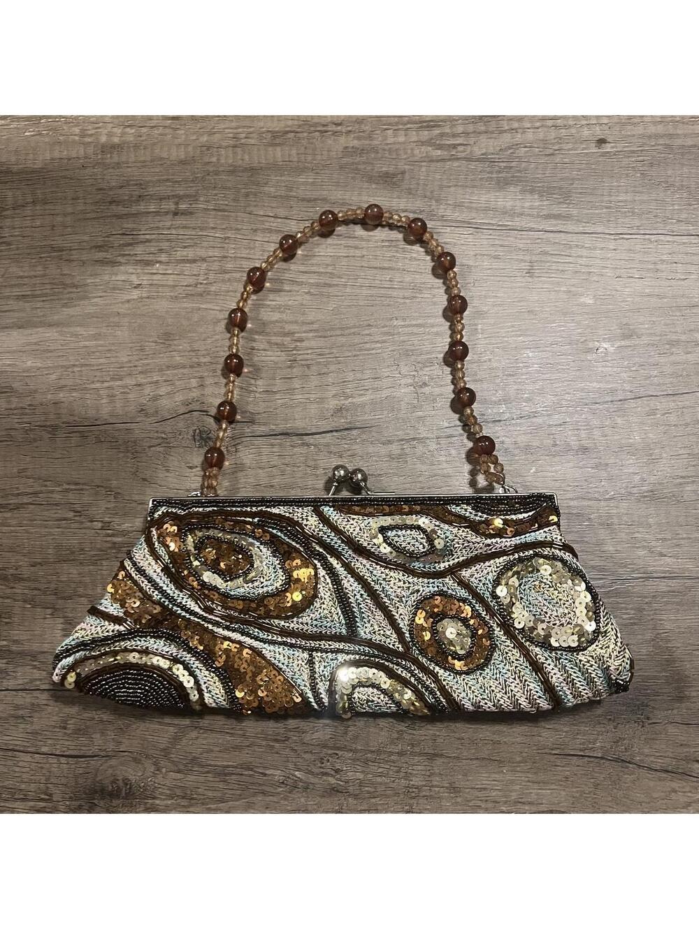 Y2K Vintage Brown Multi Sequin Purse with Beaded Handle - Boho Night Out Bag